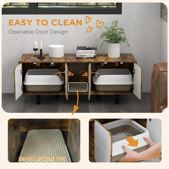 PawHut Rustic Brown Hidden Cat Litter Box Enclosure, Double Doors, Sand Drain Pad