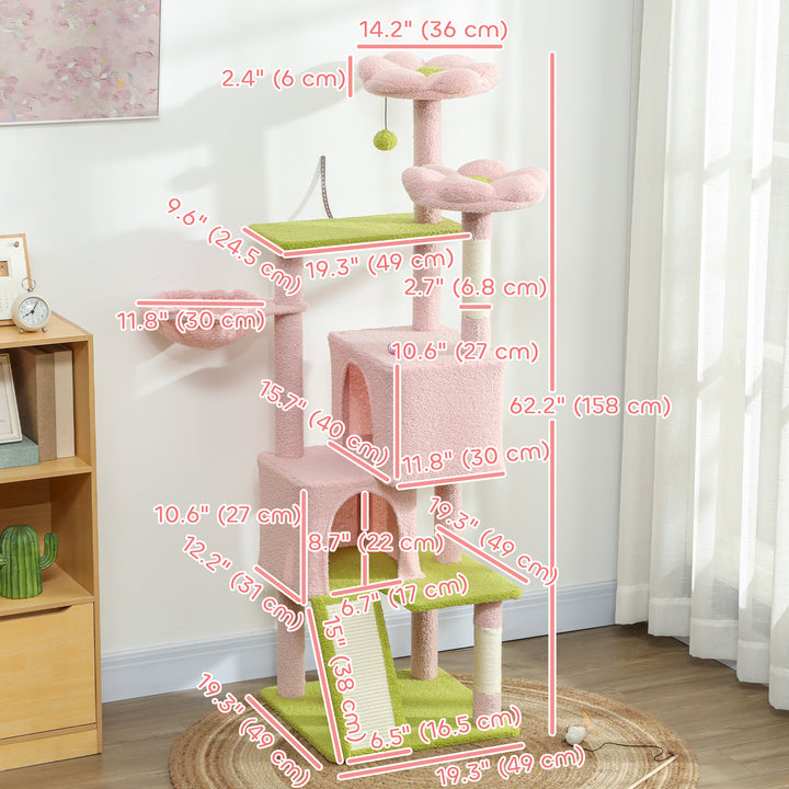 PawHut Pink Flower Multi-Level Cat Tree with Sisal Scratching Posts