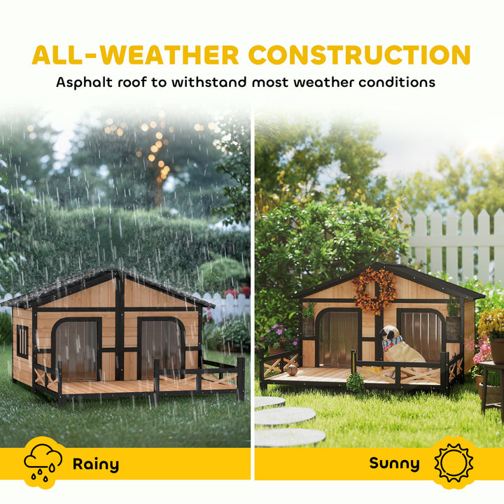 PawHut All-Weather Elevated Wood Cabin Dog House with Porch Deck