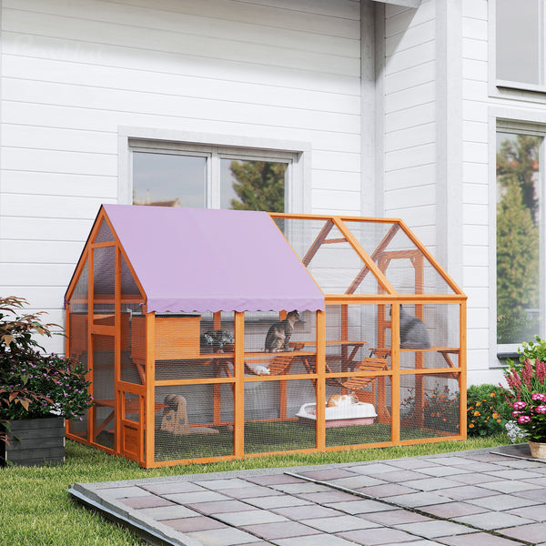 PawHut Large Outdoor Wooden Cat Enclosure with Weatherproof Canopy, Play Platforms