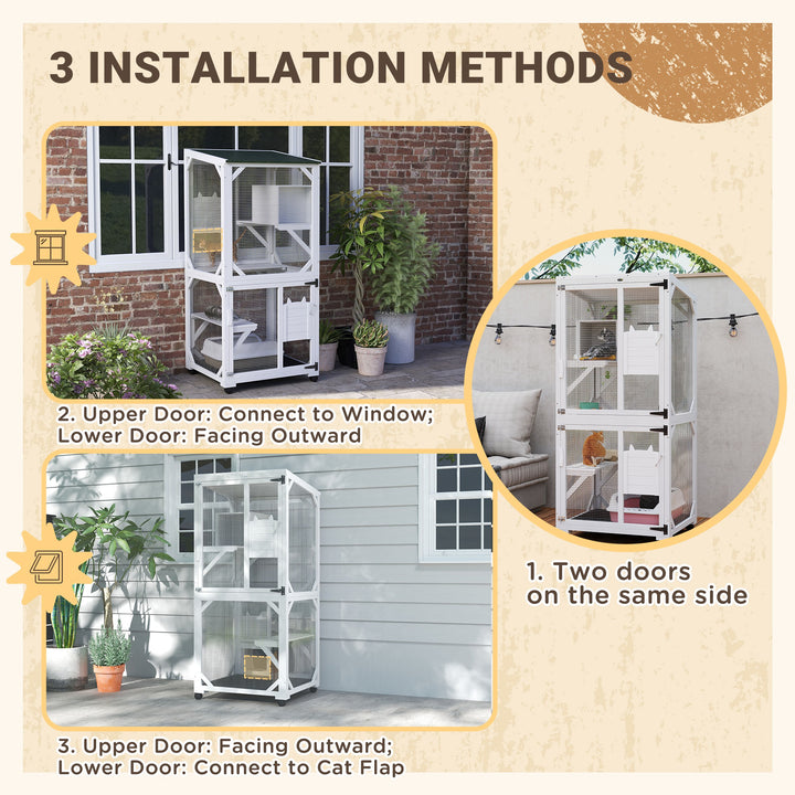 PawHut Elevated Outdoor Catio with Wheels, Resting Box, Multi-Platforms, Water-Resistant