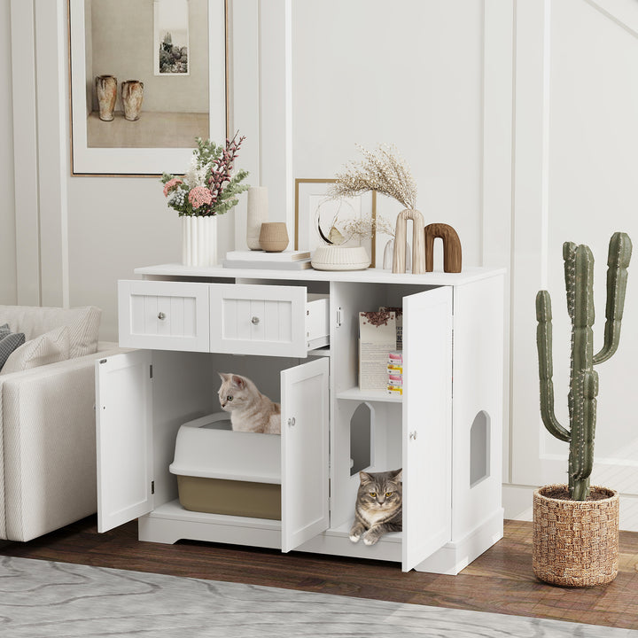 PawHut White Litter Box Enclosure: Drawer Storage, Anti-Tip Kit, Side Table