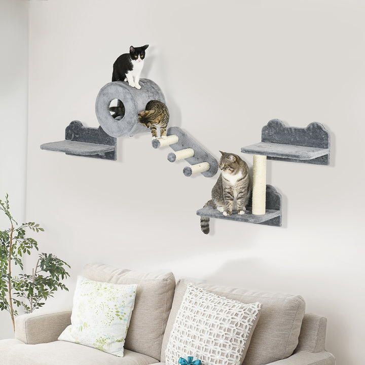 PawHut 4-Piece Wall-Mounted Cat Shelves, Climbing Activity Center with Condo