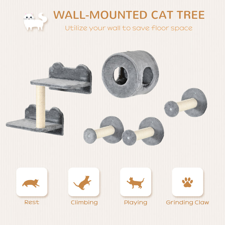 PawHut Grey Wall-Mounted Cat Perch & Scratching Post Set