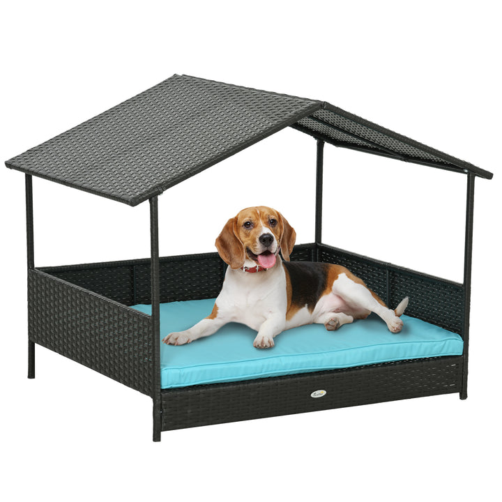PawHut Elevated Wicker Dog House, Canopy, Washable Cushion, Medium to Large Dogs