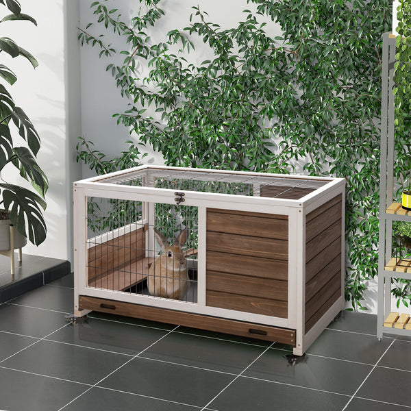 PawHut Elevated Indoor Wooden Rabbit Hutch with Wheels and Secure Run
