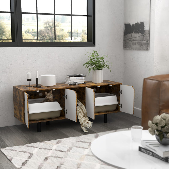 PawHut Rustic Brown Hidden Cat Litter Box Enclosure, Double Doors, Sand Drain Pad